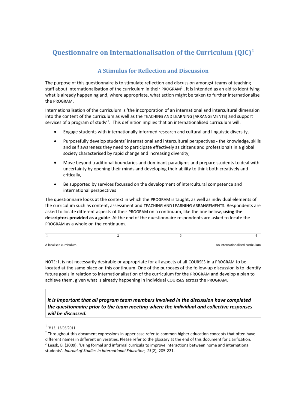 Questionnaire on Internationalisation of the Curriculum (QIC) 1