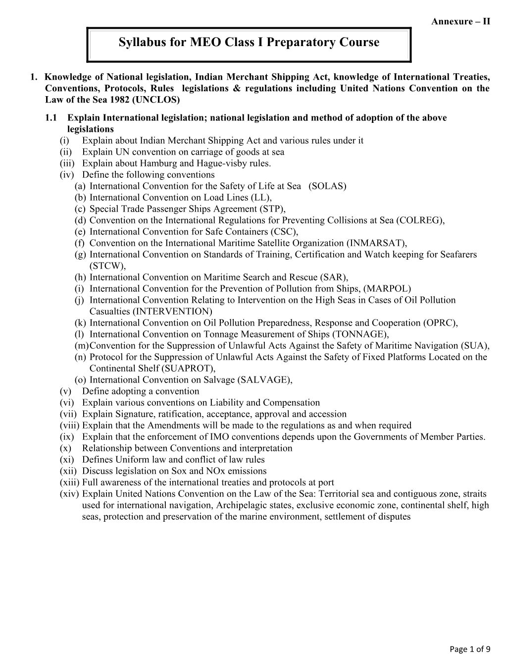 Syllabus for MEO Class I Preparatory Course