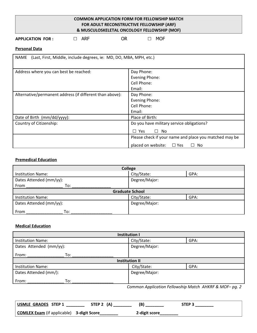 Common Application Form for Fellowship Match