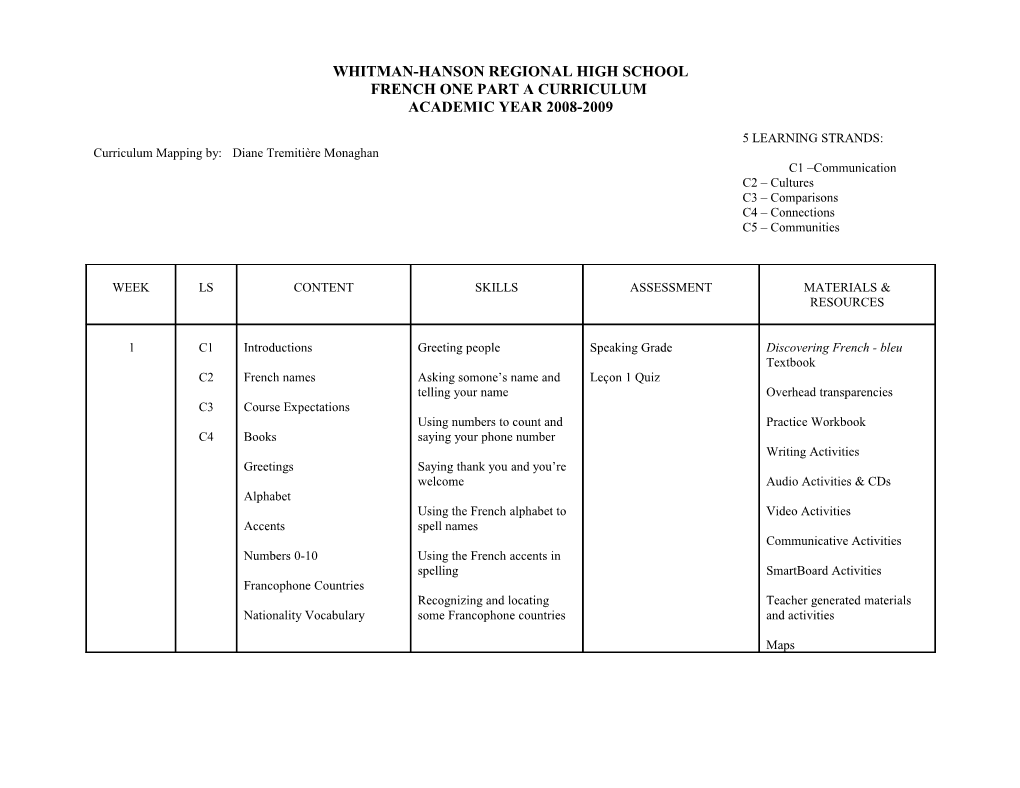 French One Part a Curriculum