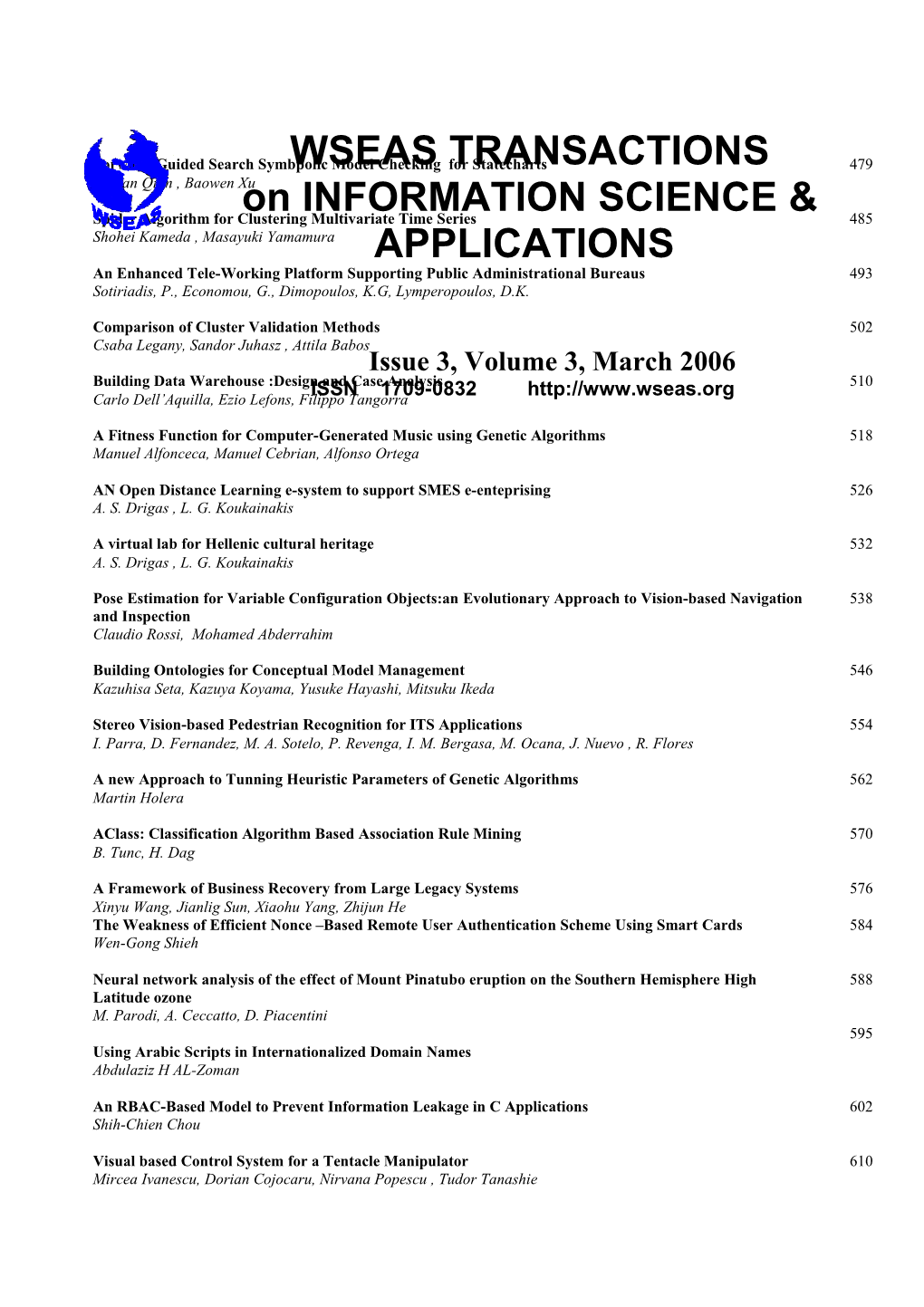 WSEAS Trans. on INFORMATION SCIENCE & APPLICATIONS, March 2006