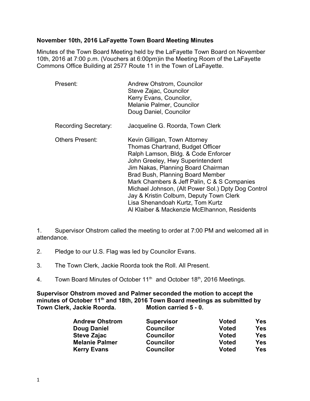 November 10Th, 2016 Lafayette Town Board Meeting Minutes