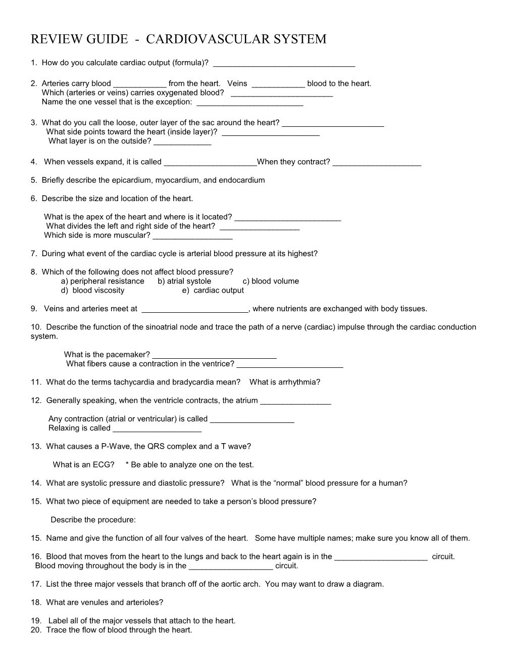 Study Guide - Cardiovascular System