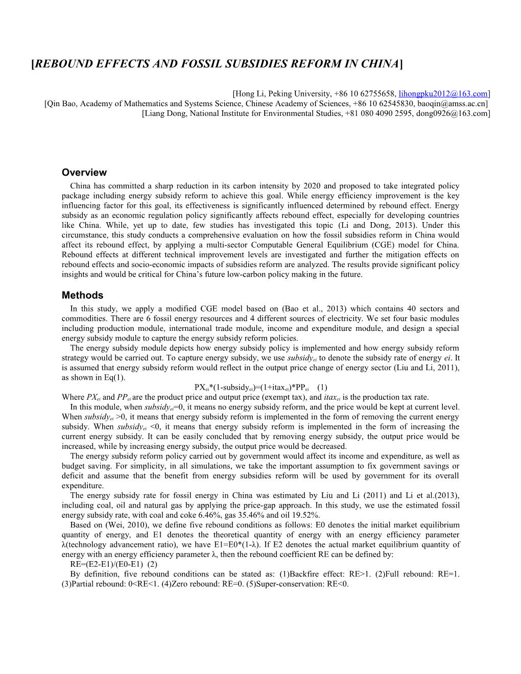 Rebound Effects and Fossil Subsidies Reform in China