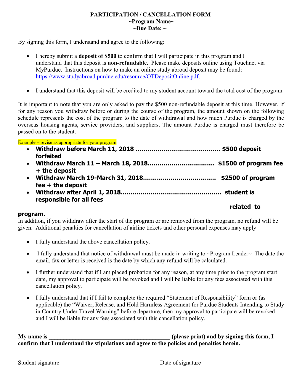 Participation / Cancellation Form