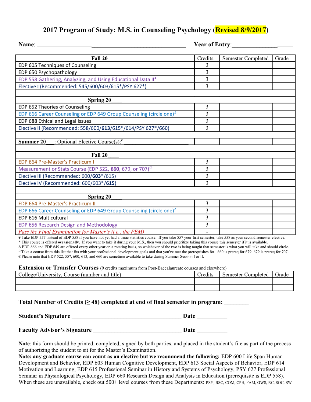 2017Program of Study: M.S. in Counseling Psychology (Revised 8/9/2017)