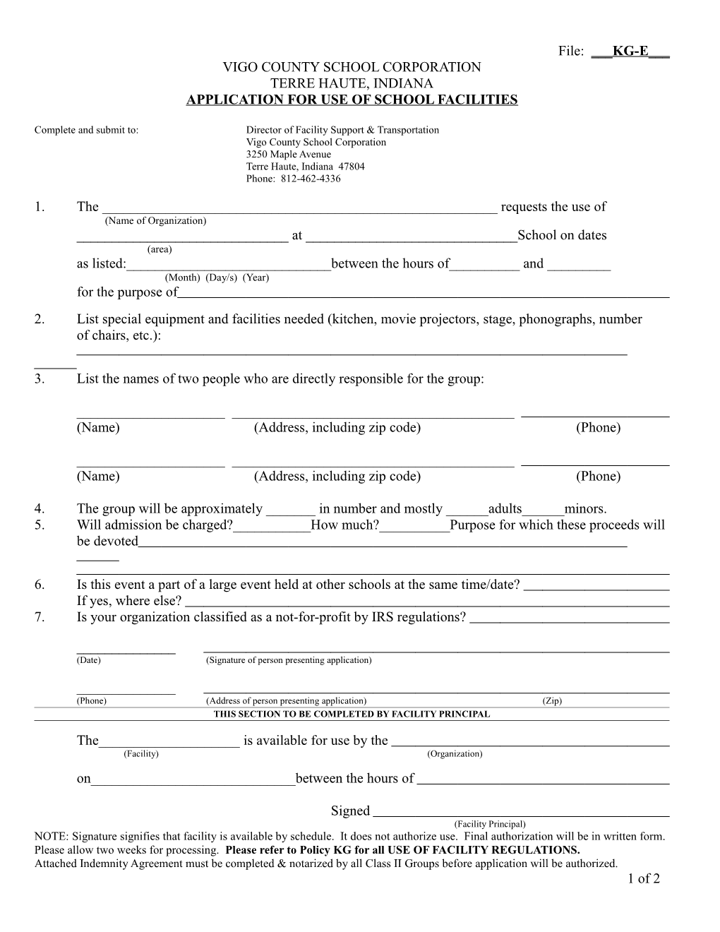 Application for Use of School Facilities