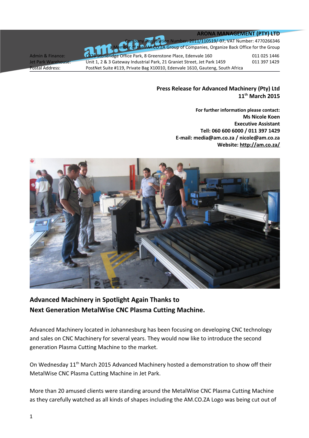 Press Release for Advanced Machinery (Pty) Ltd