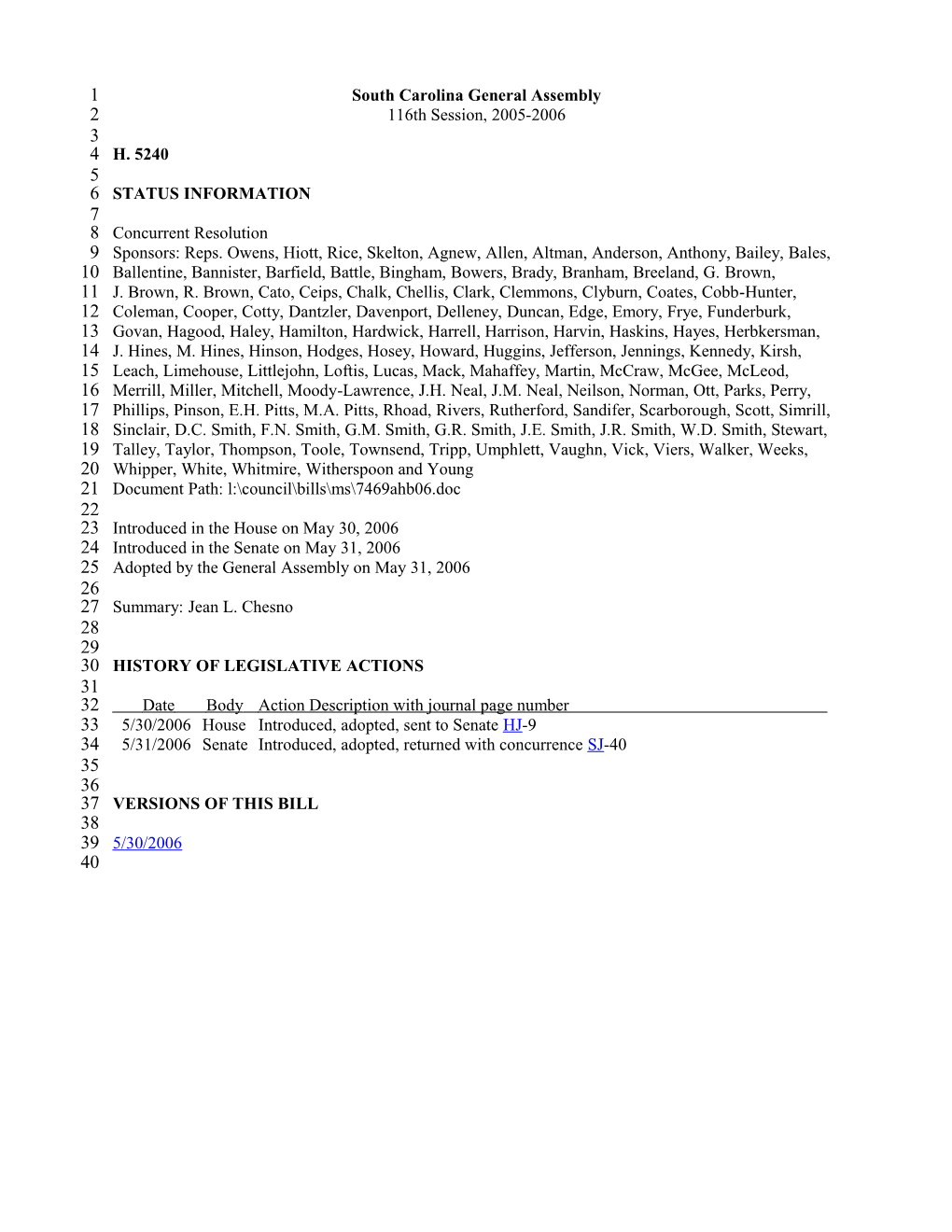 2005-2006 Bill 5240: Jean L. Chesno - South Carolina Legislature Online