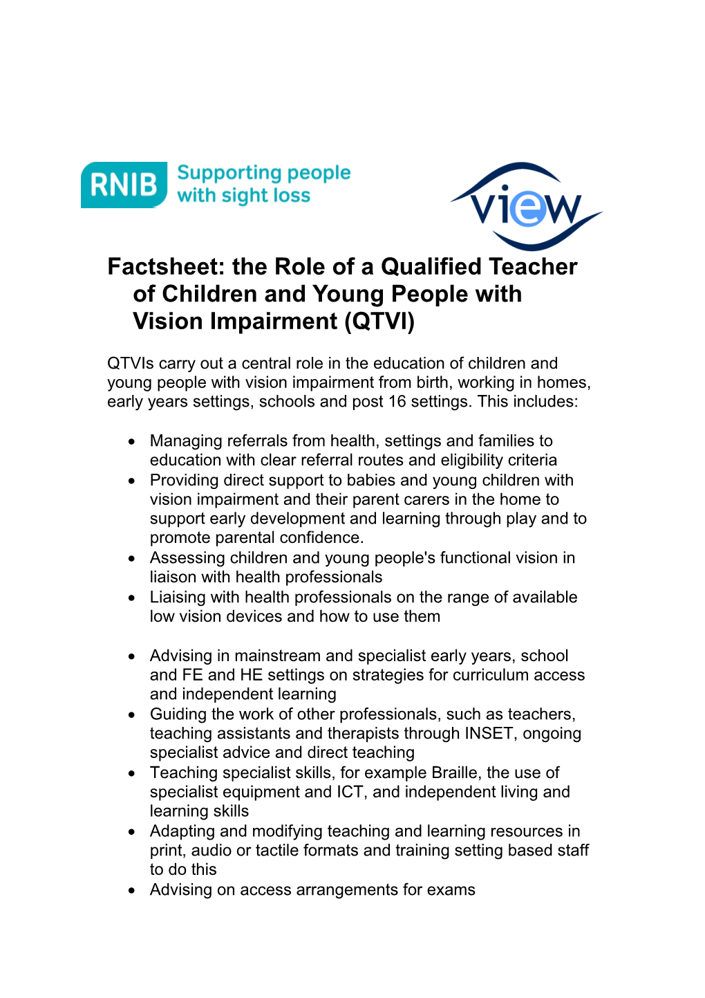 Factsheet: the Role of a Qualified Teacher of Learners with Vision Impairment (QTVI)
