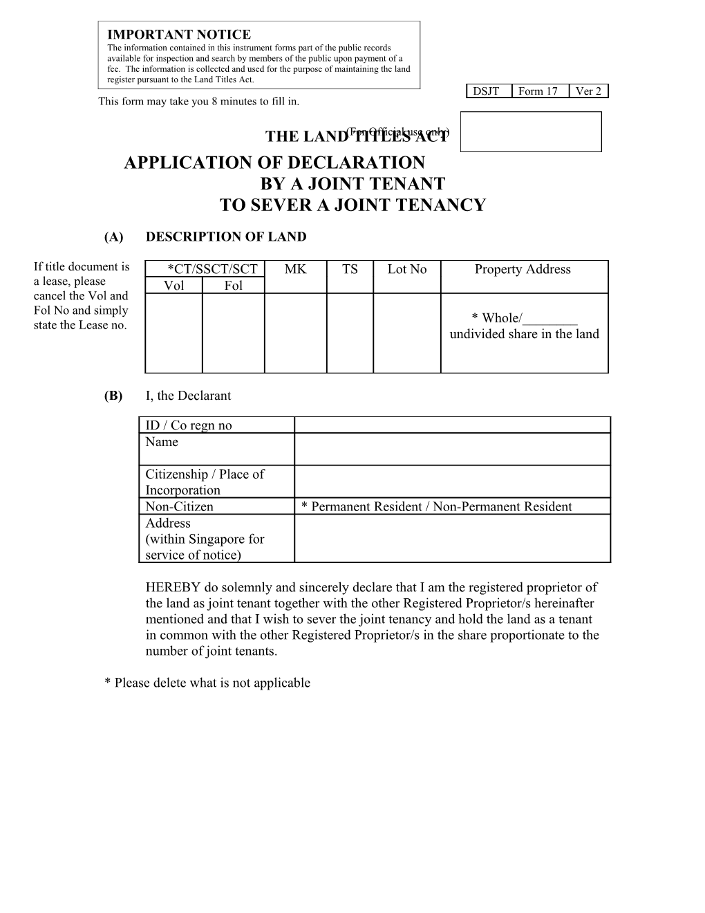 Application of Declaration by a Joint Tenant to Sever a Joint Tenancy