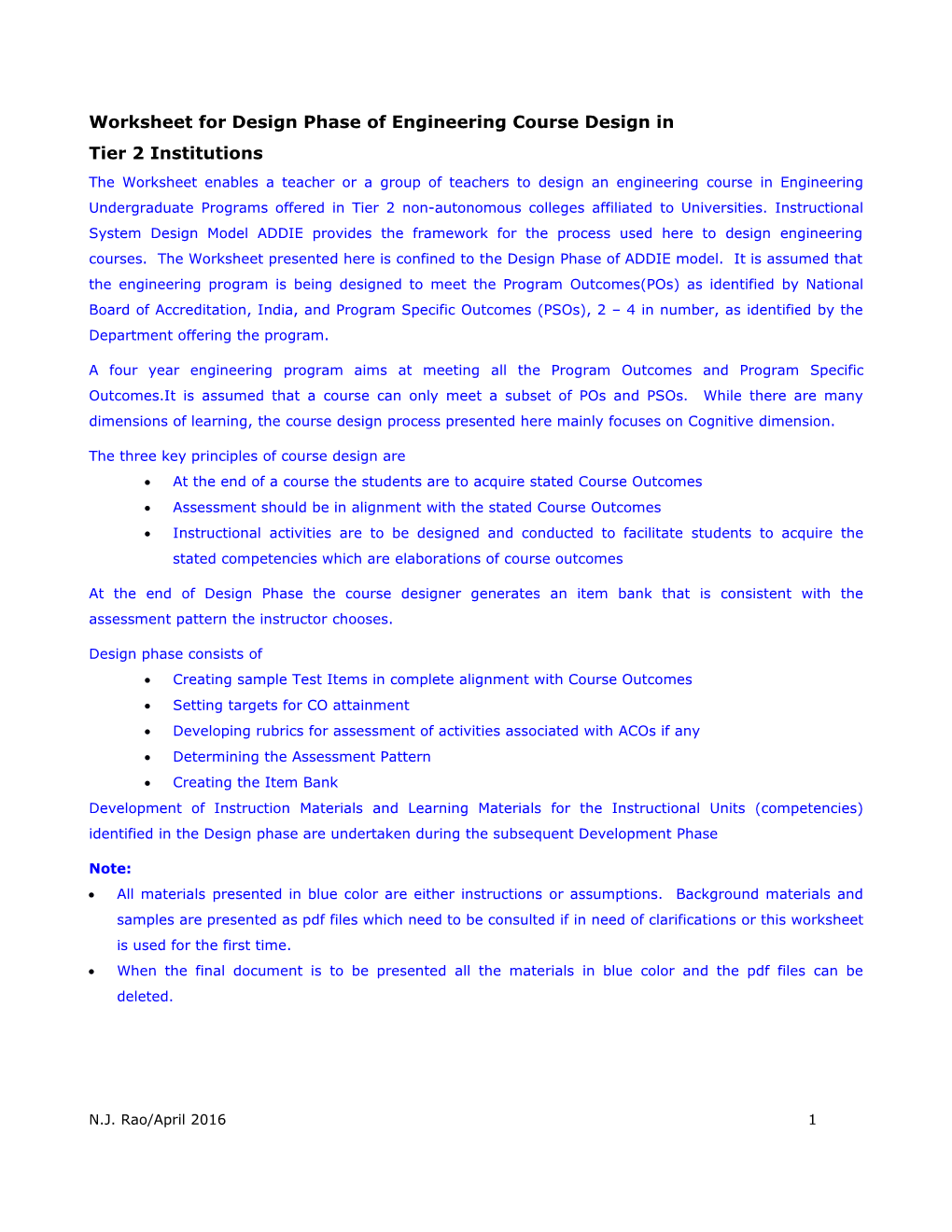 Worksheet for Design Phase of Engineering Course Design in Tier 2 Institutions