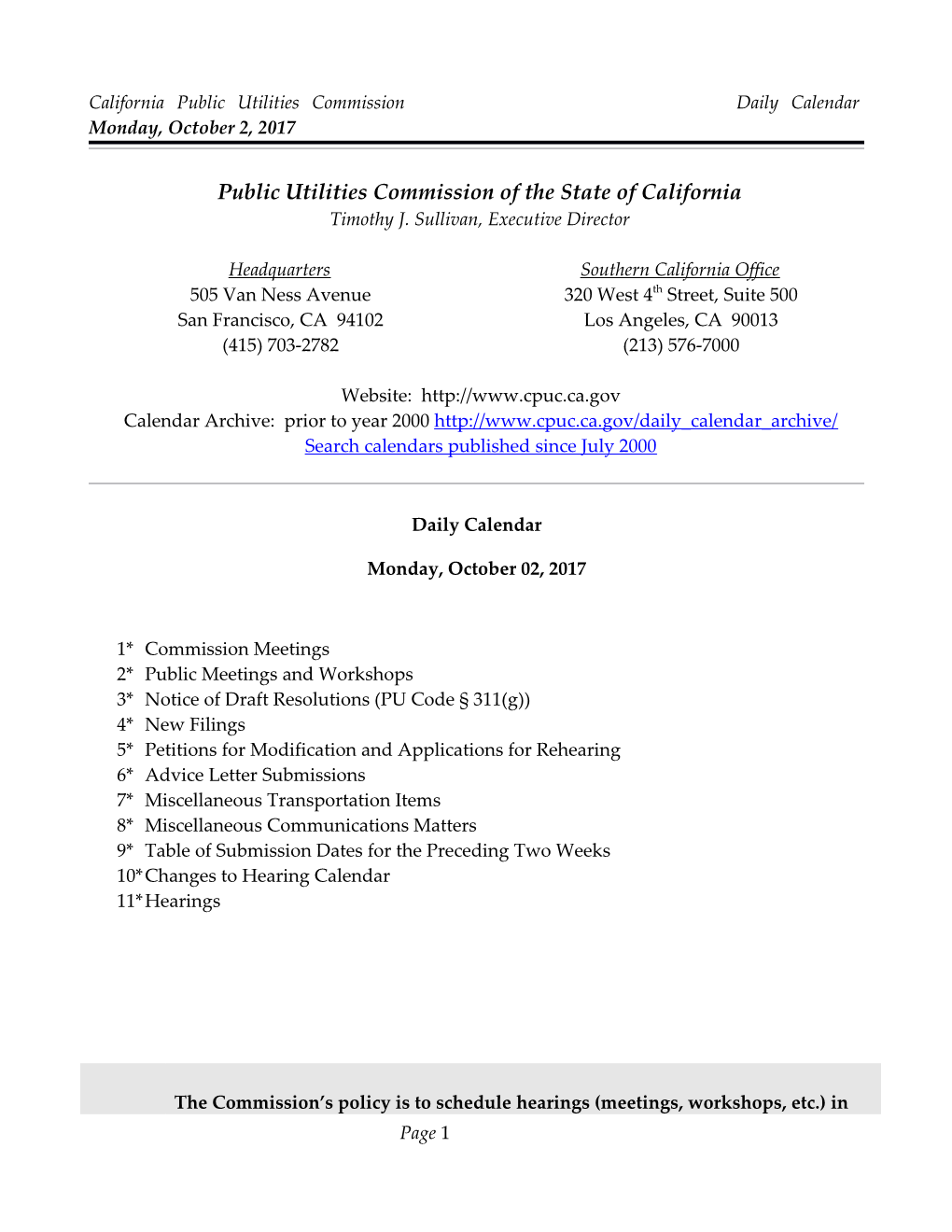 California Public Utilities Commission Daily Calendar Monday, October 2, 2017