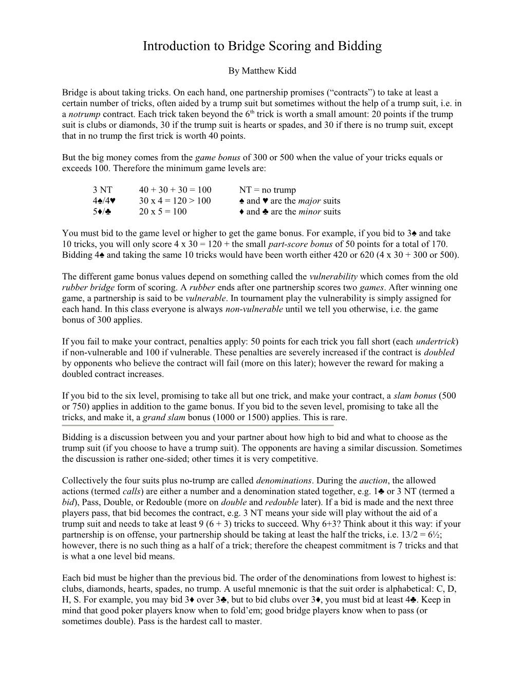 Introduction to Bridge Scoring and Bidding