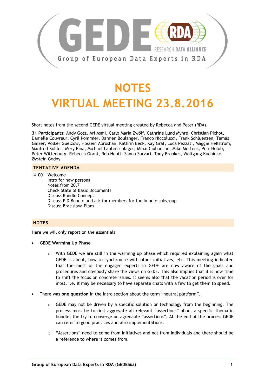 Virtual Meeting 23.8.2016