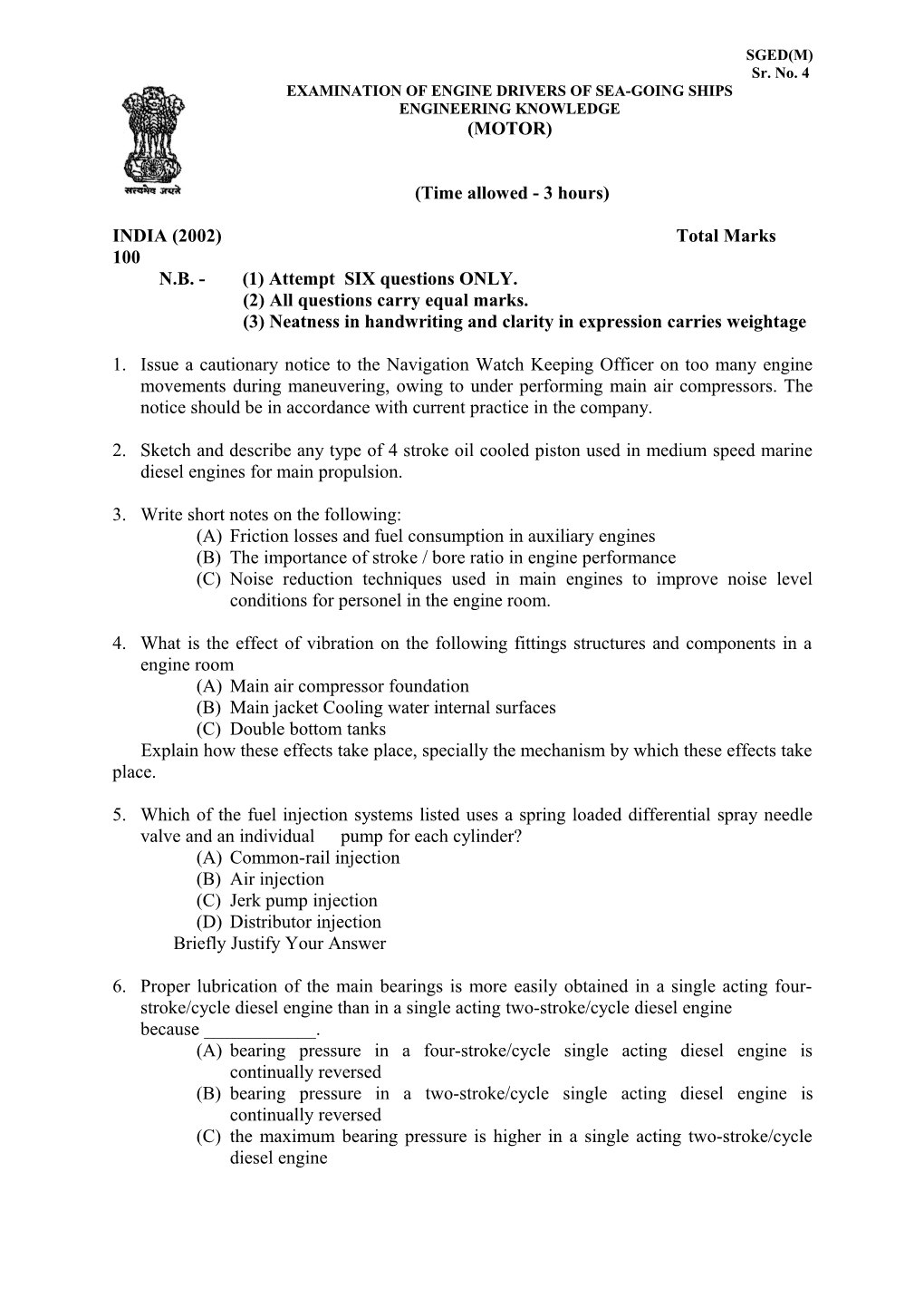 Examination of Engine Drivers of Sea-Going Ships