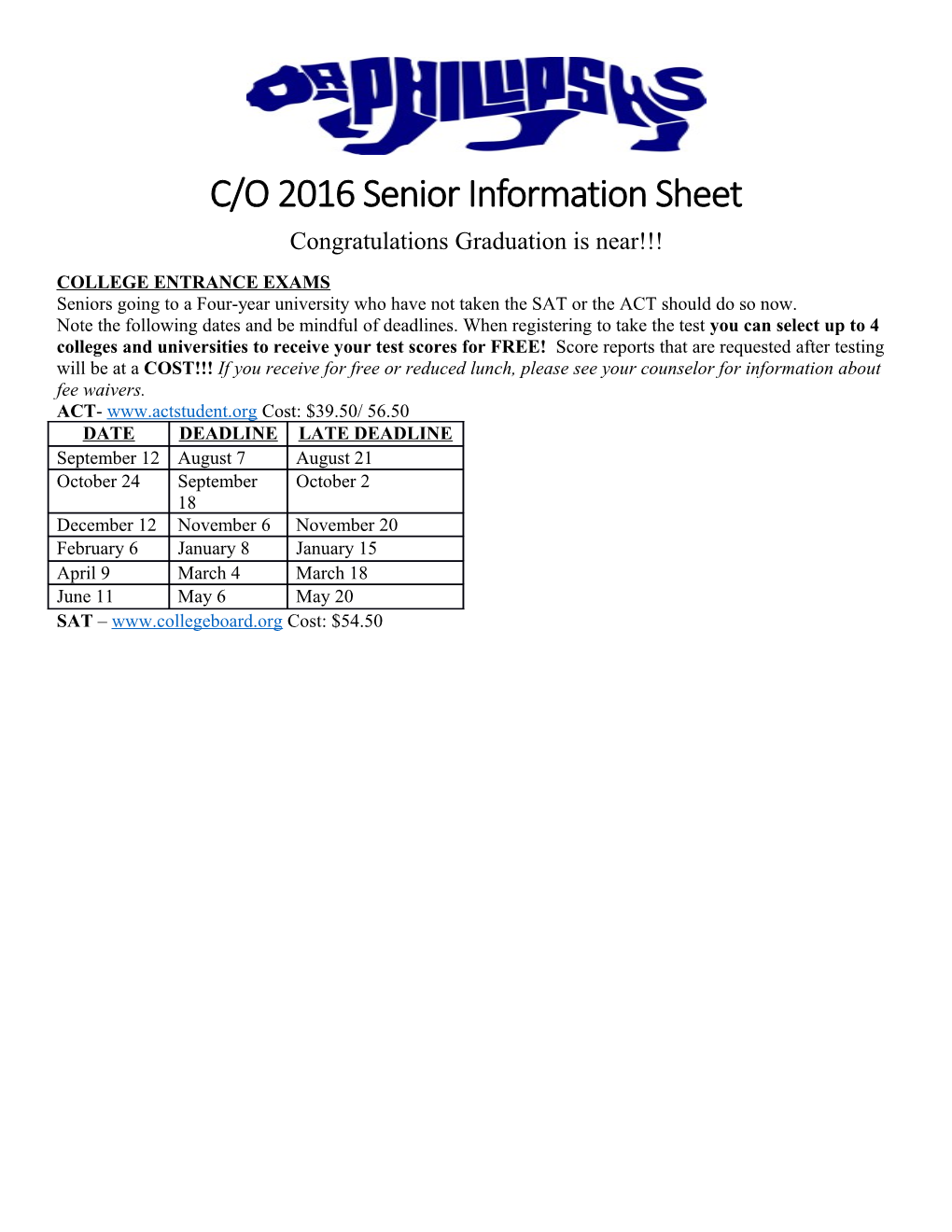 C/O 2016 Senior Information Sheet