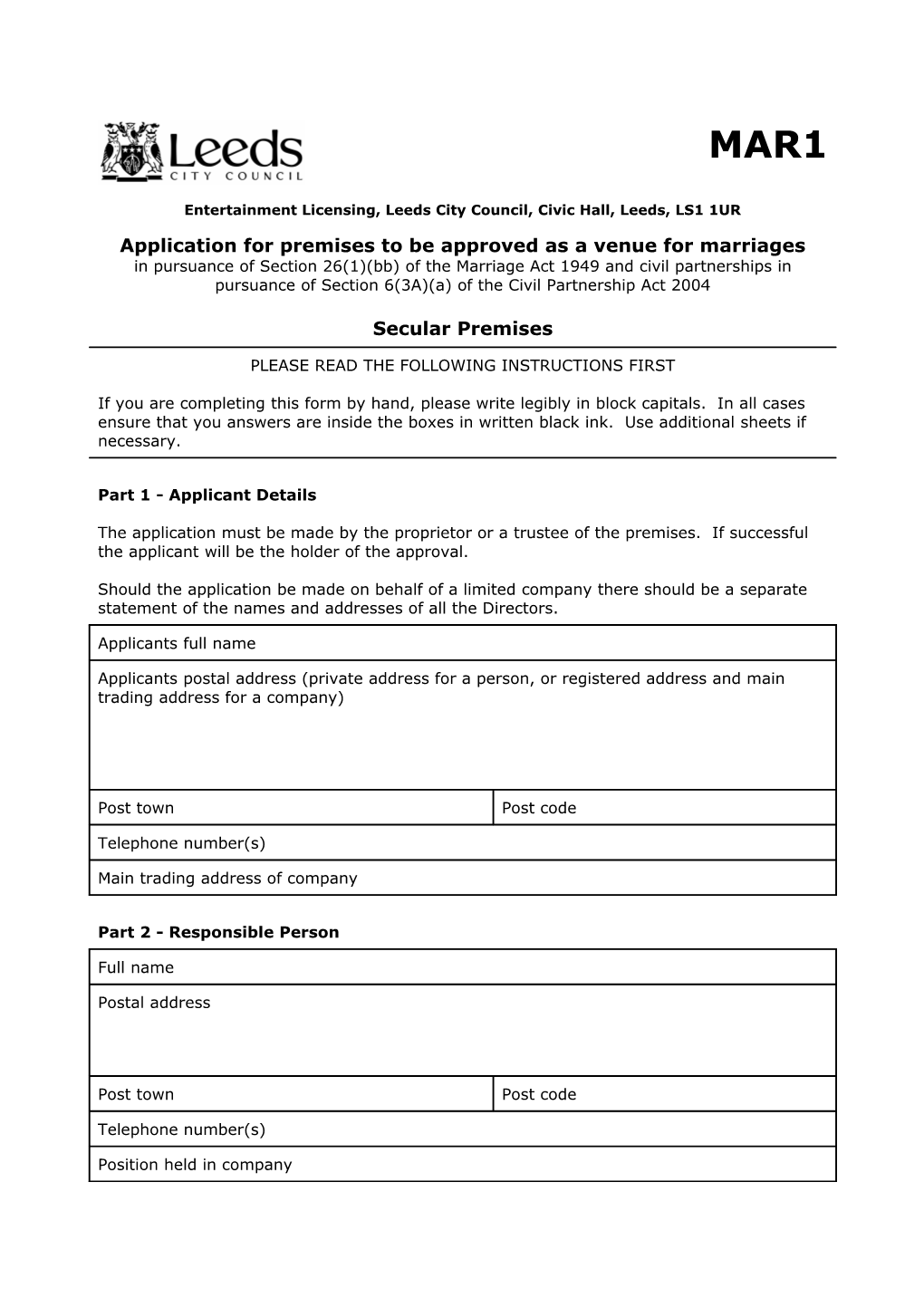 Marriage Approved Premises Form (Secular)