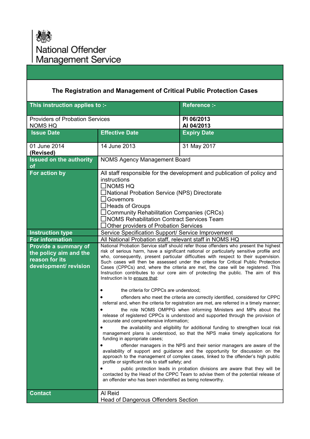 The Registration and Management of Critical Public Protection Cases