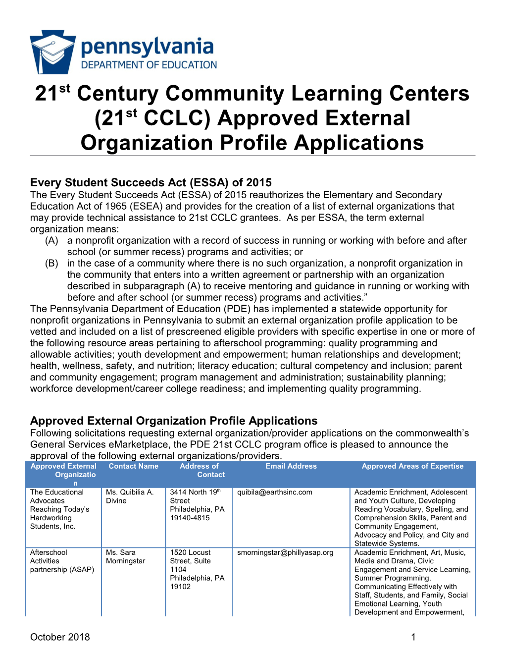 21St CCLC Approved External Organization Profile Application