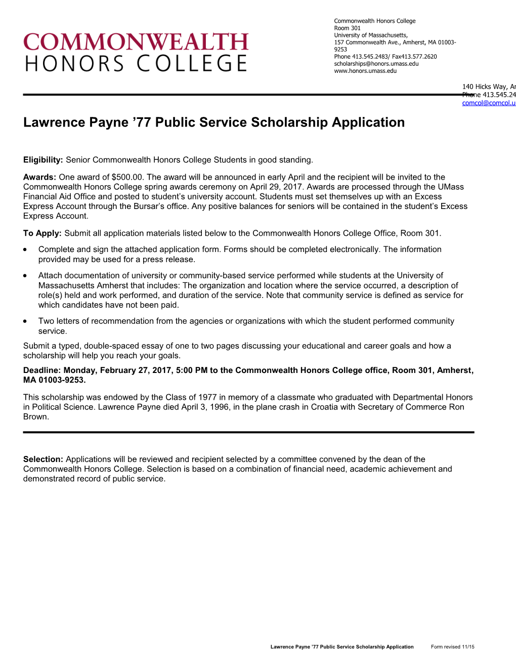 Lawrence Payne 77 Public Service Scholarship Application