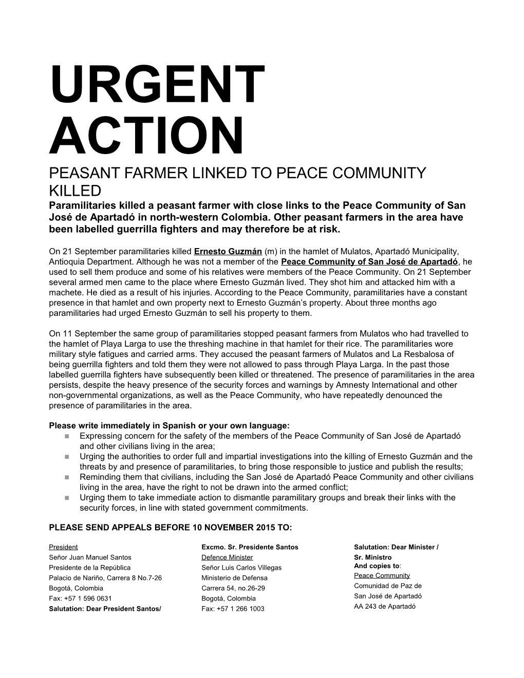 Peasant Farmer Linked to Peace Community Killed