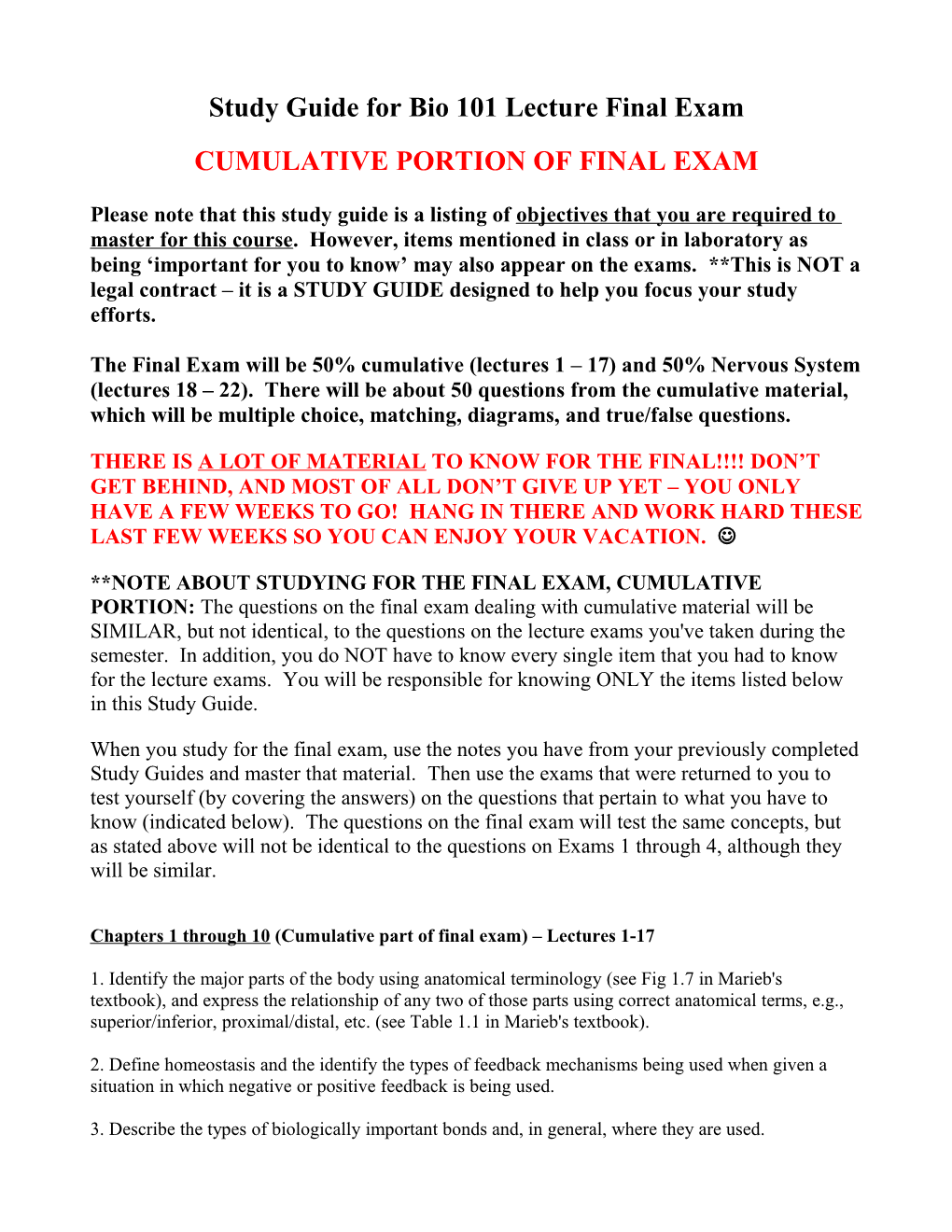 Study Guide for Bio 101 Lecture Final Exam