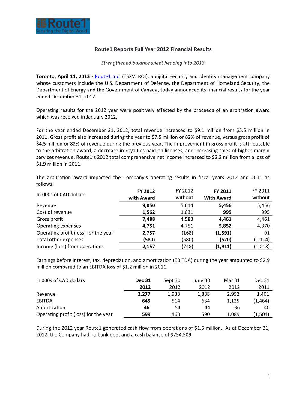 Route1 Reports Full Year 2012 Financial Results
