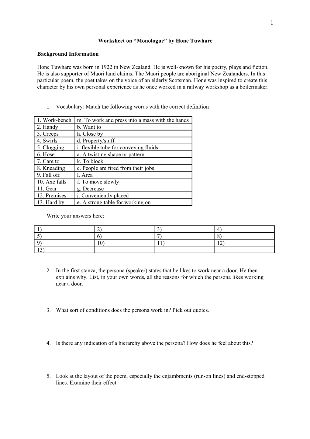 Worksheet on Monologue by Hone Tuwhare