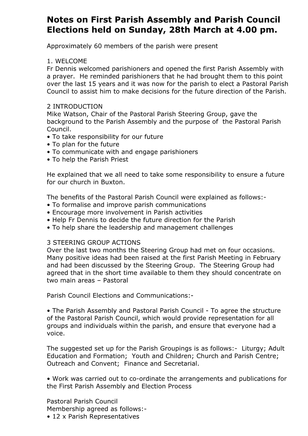Notes on First Parish Assembly and Parish Council Elections Held on Sunday, 28Th March at 4