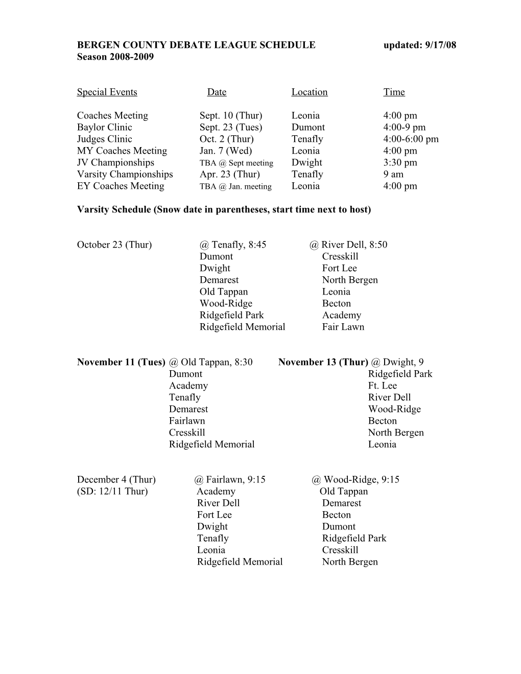 Bergen County Debate League Schedule