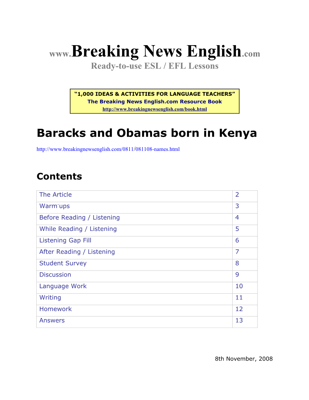 ESL Lesson: Baracks and Obamas Born in Kenya