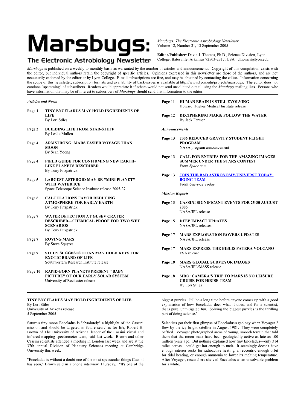 Marsbugs: the Electronic Astrobiology Newsletter , Volume 12, Number 31, 13 September 2005