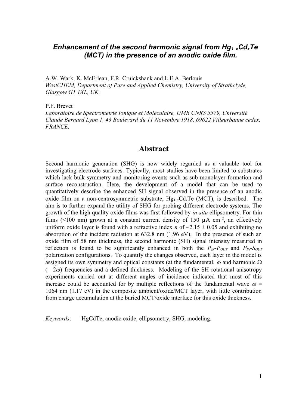 Enhancement of the Second Harmonic Signal from Hg1 Xcdxte (MCT) in the Presence of an Anodic