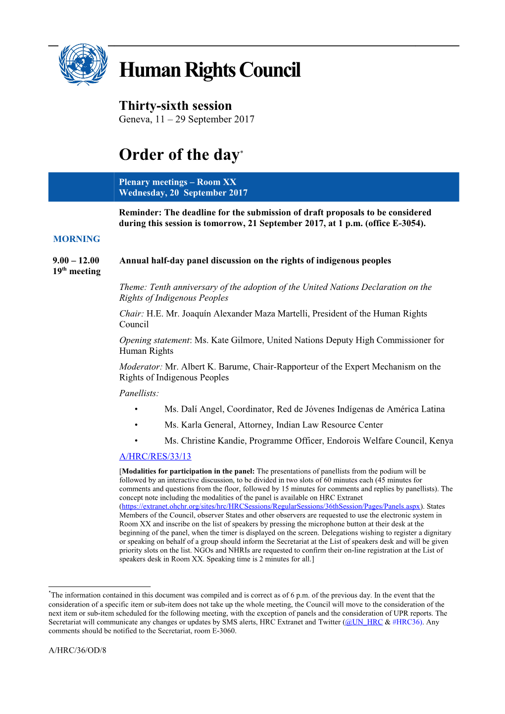 Wednesday, 20 September 2017, Order of the Day