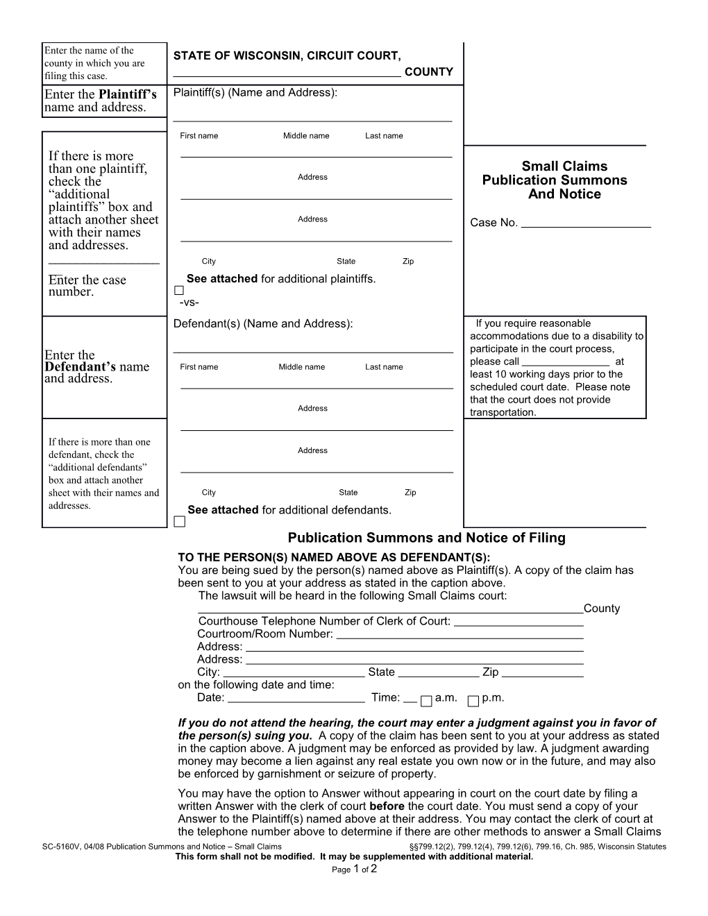 SC-5160: Publication Notice and Summons