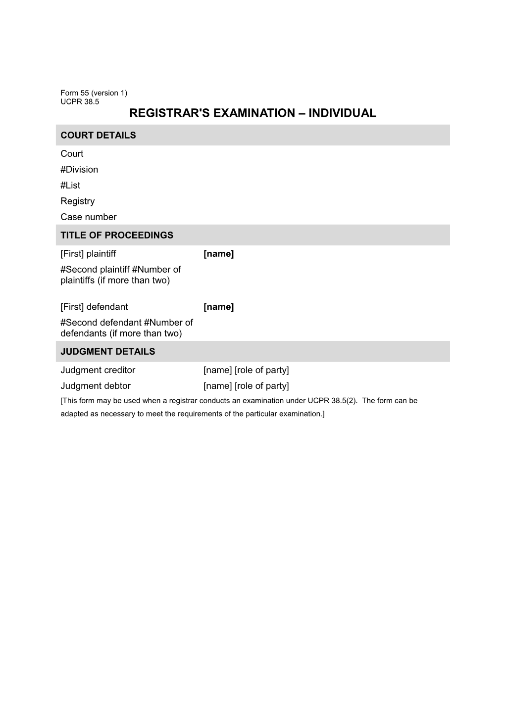 NSW UCPR Form 55 - Registrar's Examination - Individual