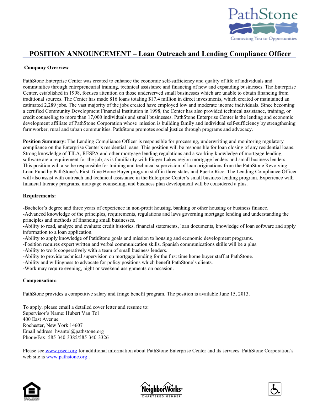 POSITION ANNOUNCEMENT Loan Outreach and Lending Compliance Officer