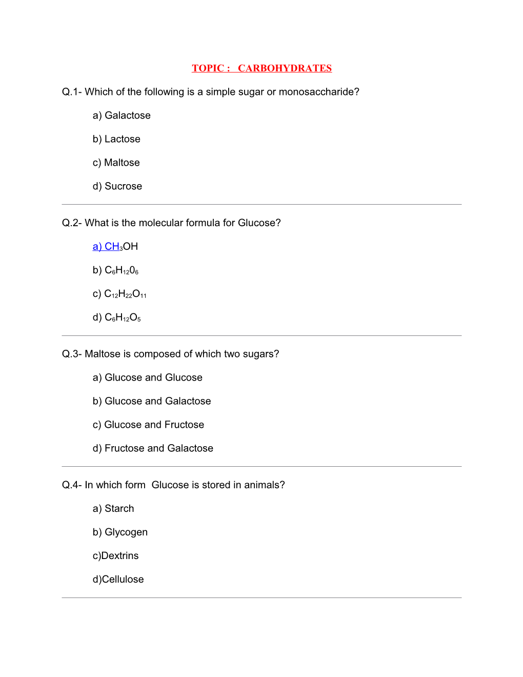 Topic : Carbohydrates