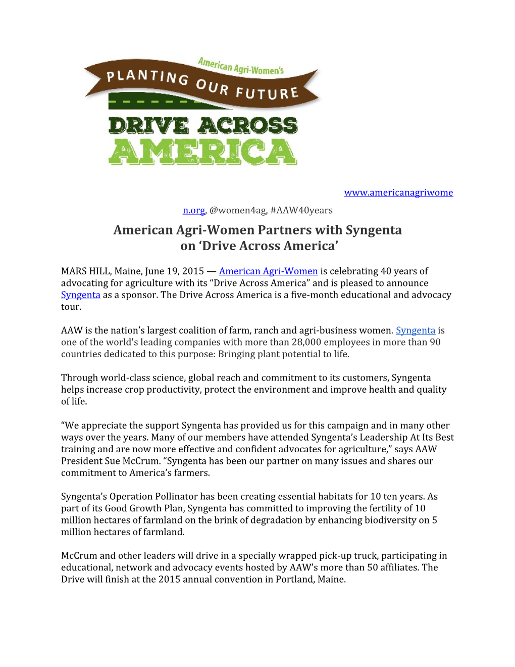 American Agri-Women Partners Withsyngenta on Drive Across America