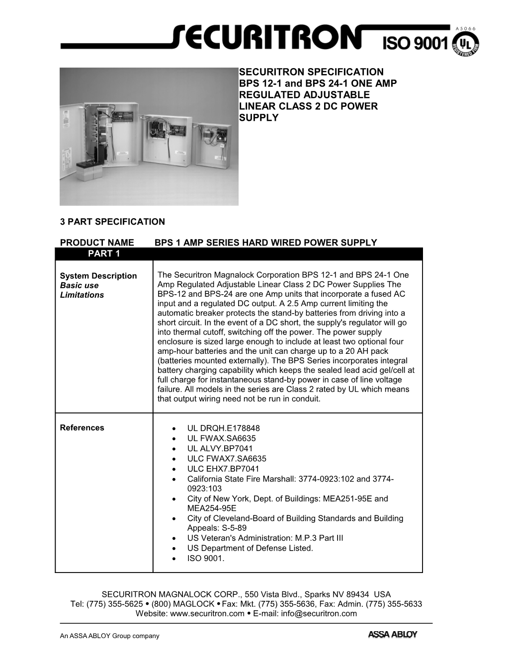 BPS 1 Amp Power Supply Specification