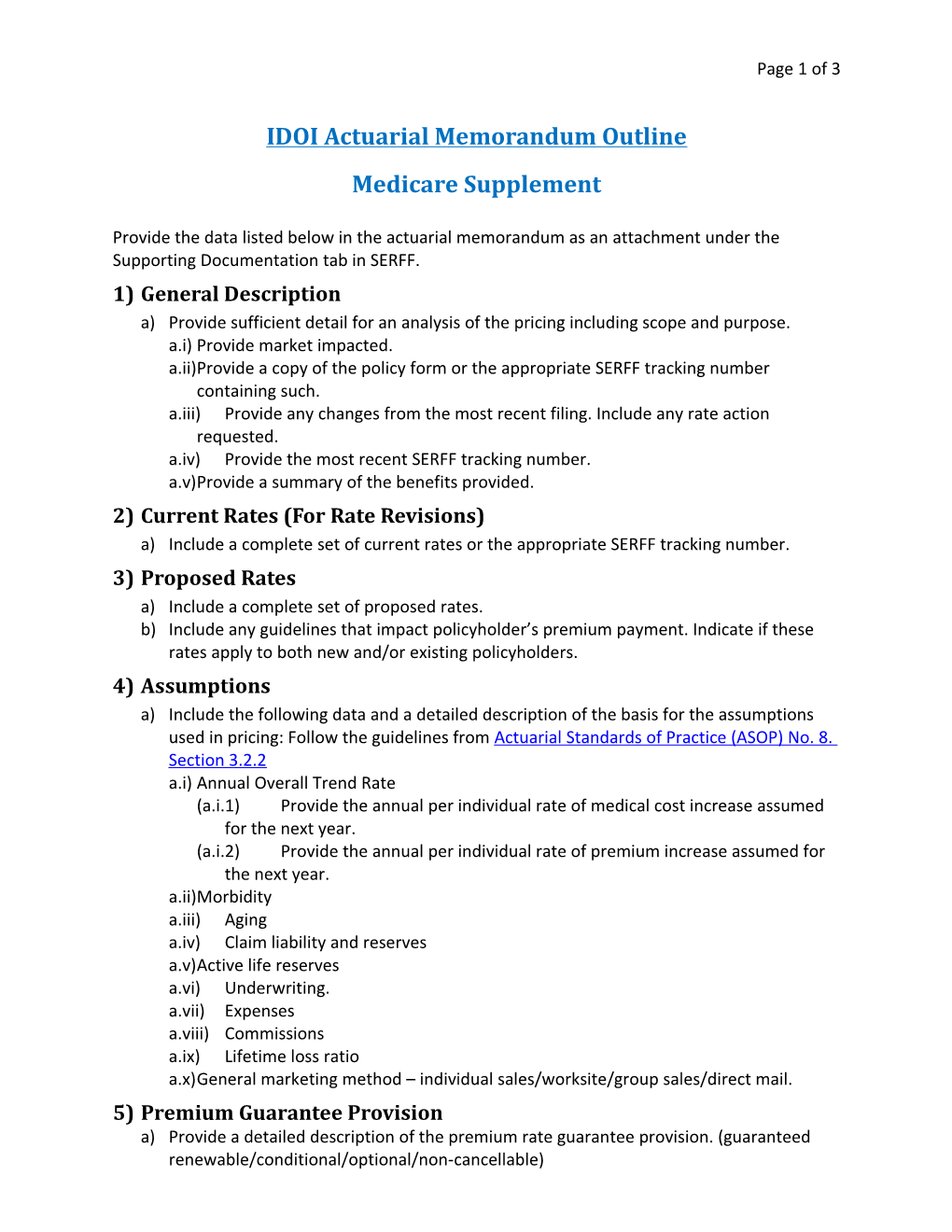 IDOI Actuarial Memorandum Outline