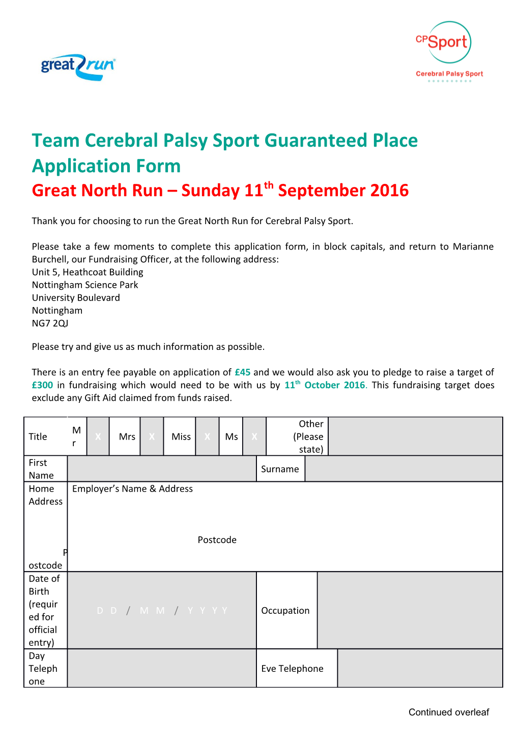 Team Cerebral Palsy Sport Guaranteed Place Application Form