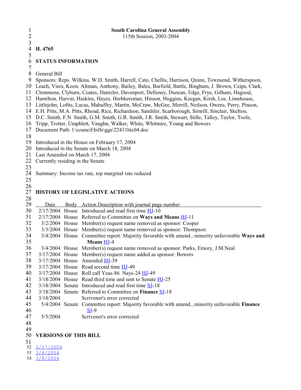 2003-2004 Bill 4765: Income Tax Rate, Top Marginal Rate Reduced - South Carolina Legislature