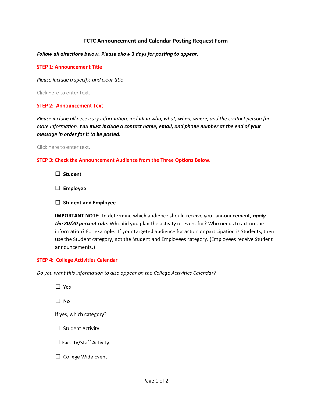 TCTC Announcement and Calendar Posting Request Form