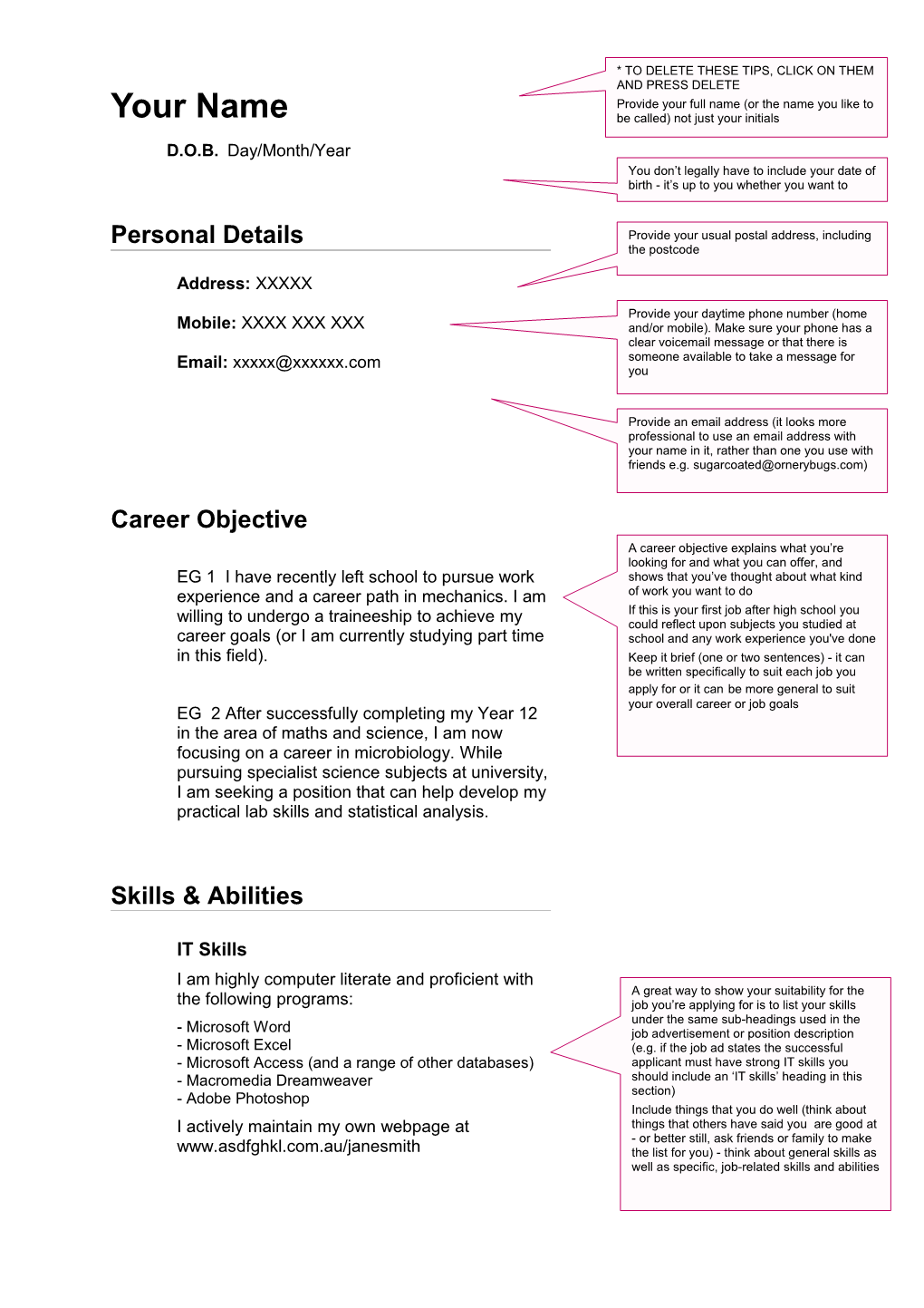 Resume Template - Completed Year 12, No Experience