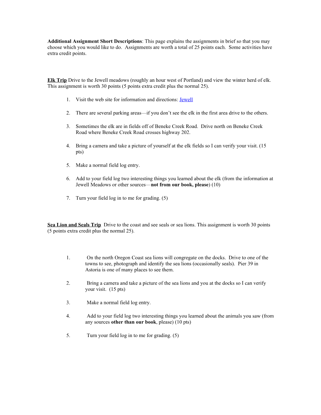 Additional Assignment Short Descriptions: This Page Explains the Assignments in Brief So