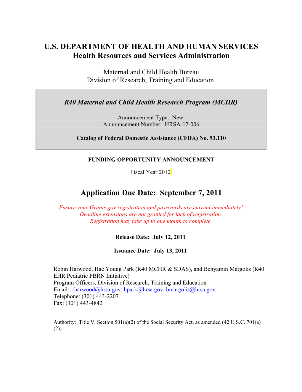 Funding Opportunity Announcement HRSA-12-006