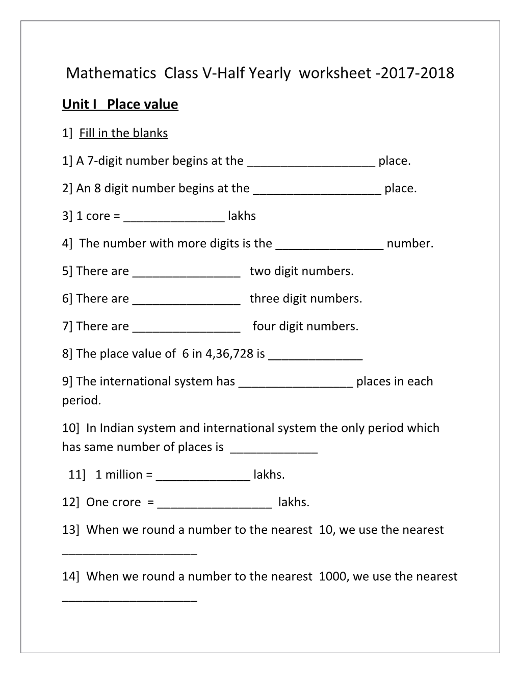 Mathematics Class V-Half Yearly Worksheet -2017-2018