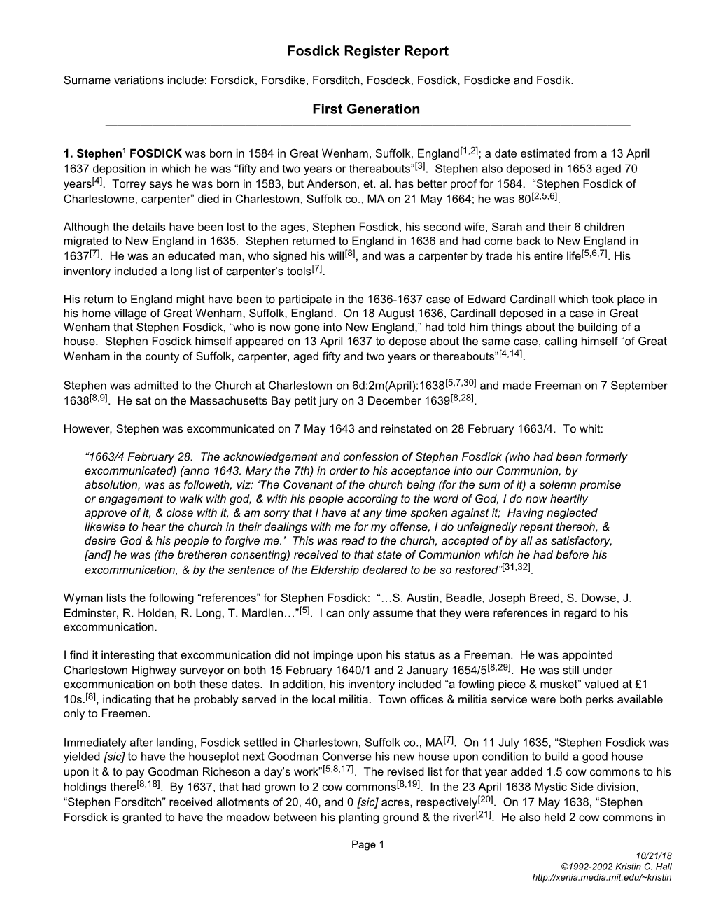 Fosdick Register Report